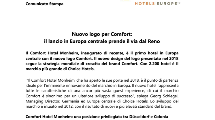 Nuovo logo per Comfort:  il lancio in Europa centrale prende il via dal Reno