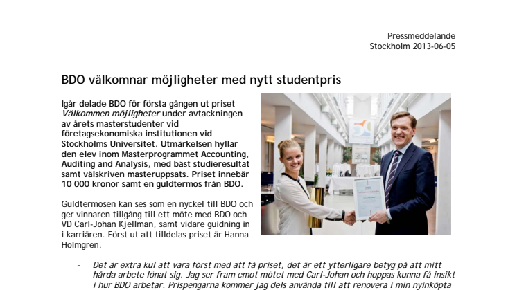 BDO instiftar studentpriset "Välkommen möjligheter"