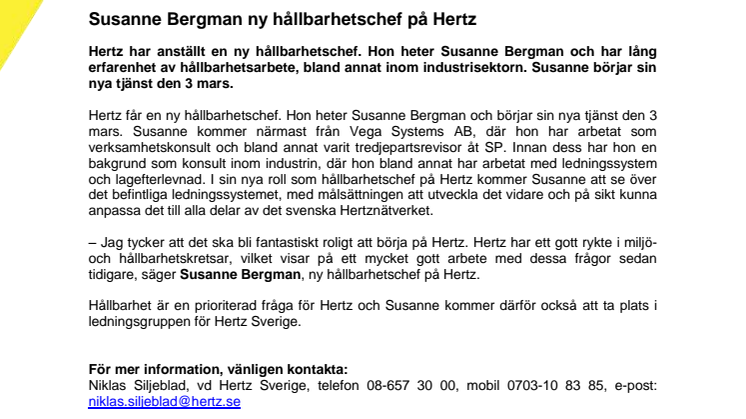 Susanne Bergman ny hållbarhetschef på Hertz