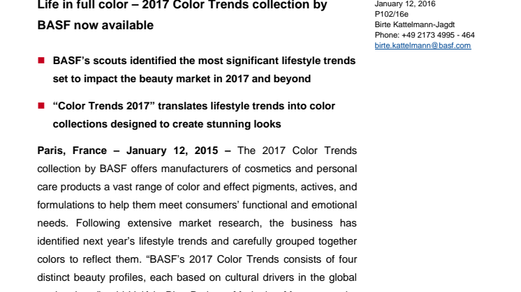 Life in full color – BASF's "Color Trends 2017" kollektionen er nu offentliggjort 