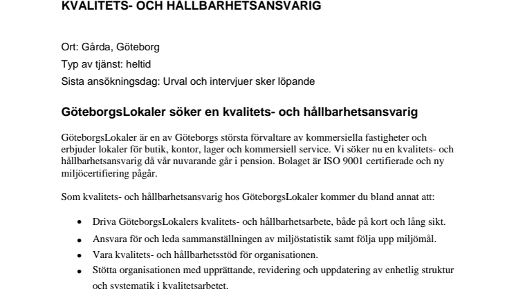 ​GöteborgsLokaler söker kvalitets- och hållbarhetsansvarig