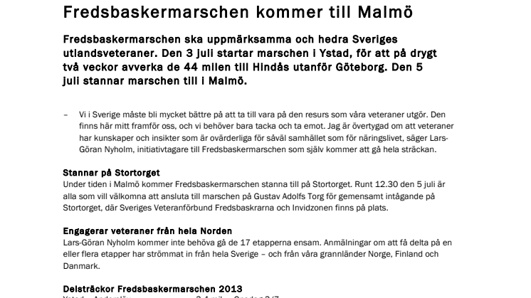 Fredsbaskermarschen kommer till Malmö 5 juli