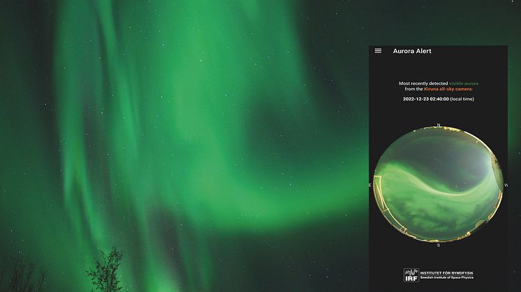 Norrsken över Kiruna? Institutet för rymdfysiks (IRF:s) framtagna norrskensapp ger notifikationer direkt till mobiltelefonen när det är norrsken. Den inklippta bilden visar hur det kan se ut vid en notifikation. Foto: IRF