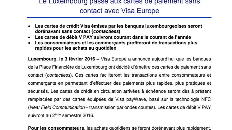 Le Luxembourg passe aux cartes de paiement sans contact avec Visa Europe