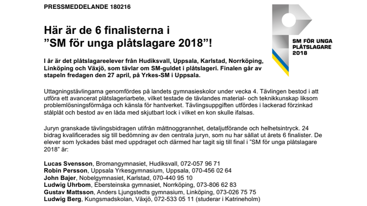 Här är de 6 finalisterna i  ”SM för unga plåtslagare 2018”!