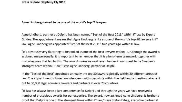  Agne Lindberg named to be one of the world's top IT lawyers