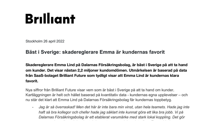 Brilliant Future pressmeddelande_Bäst i Sverige - skadereglerare Emma är kundernas favorit.pdf