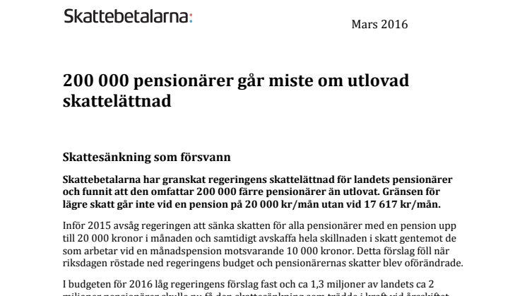 200 000 pensionärer går miste om utlovad skattelättnad