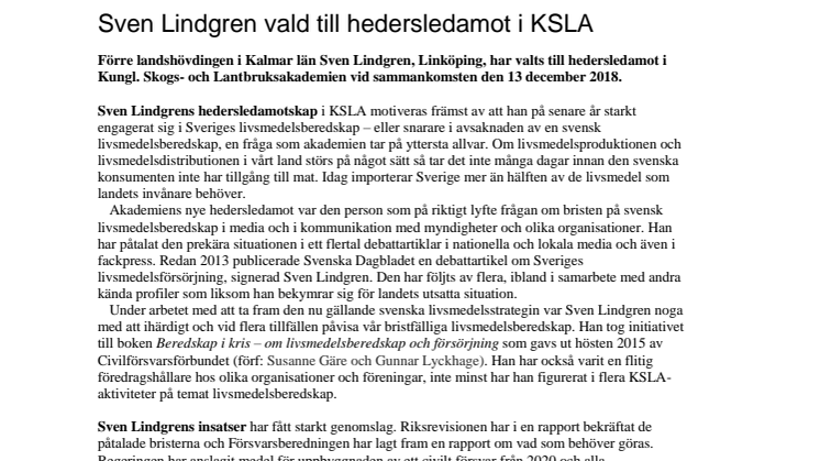 Sven Lindgren vald till hedersledamot i KSLA