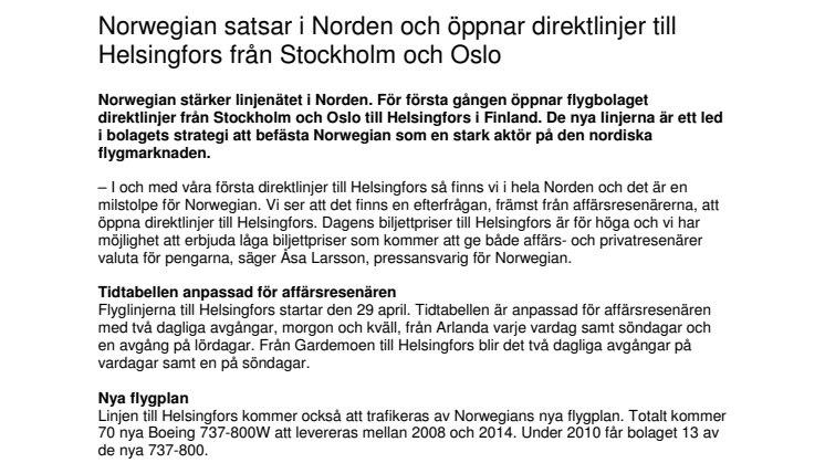 Norwegian satsar i Norden och öppnar direktlinjer till Helsingfors från Stockholm och Oslo