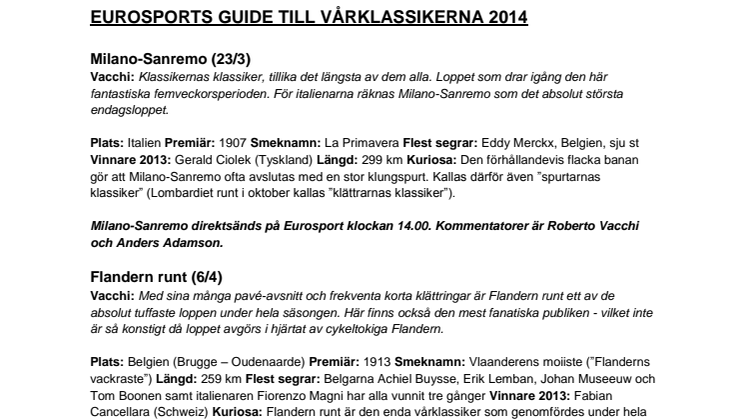 Eurosports guide till cykelns vårklassiker 2014
