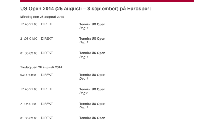TV-tablå, US Open 2014 på Eurosport