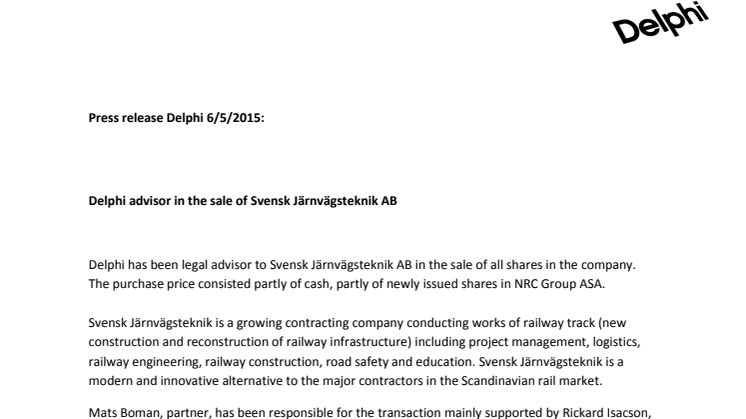  Delphi advisor in the sale of Svensk Järnvägsteknik AB
