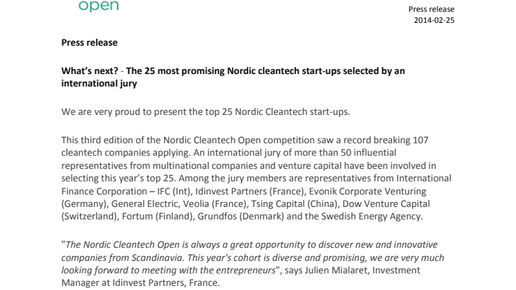 What’s next? The 25 most promising Nordic cleantech start-ups selected by an international jury