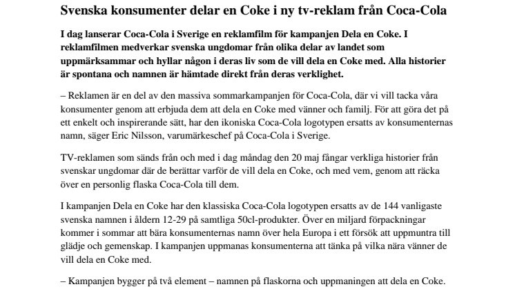 Svenska konsumenter delar en Coke i ny tv-reklam från Coca-Cola