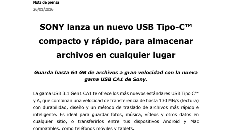 SONY lanza un nuevo USB Tipo-C™ compacto y rápido, para almacenar archivos en cualquier lugar