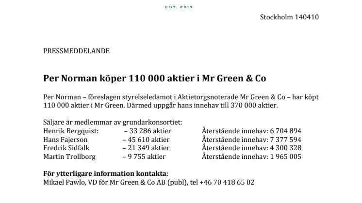 Per Norman köper 110 000 aktier i Mr Green & Co