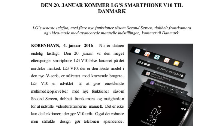 DEN 20. JANUAR KOMMER LG’S SMARTPHONE V10 TIL DANMARK