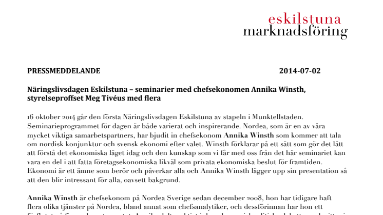 Näringslivsdagen Eskilstuna – seminarier med chefsekonomen Annika Winsth, styrelseproffset Meg Tivéus med flera
