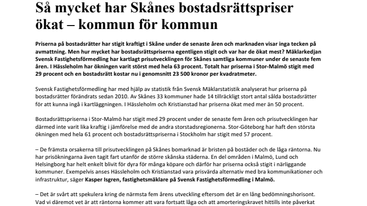 Så mycket har Skånes bostadsrättspriser ökat – kommun för kommun