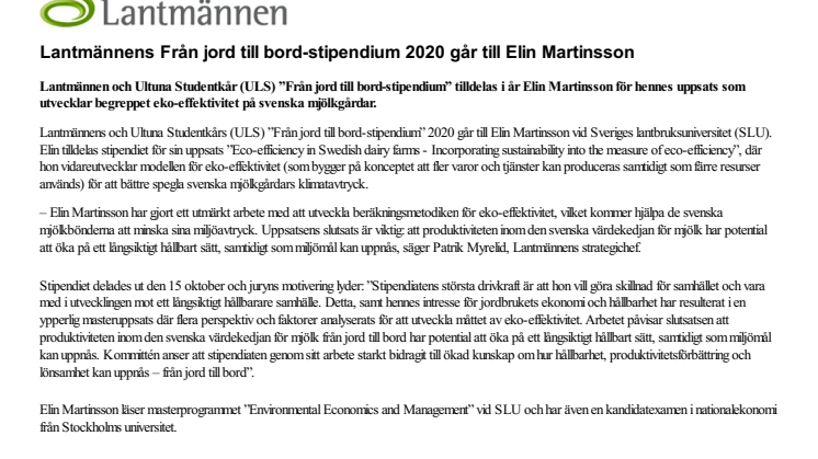 Lantmännens Från jord till bord-stipendium 2020 går till Elin Martinsson
