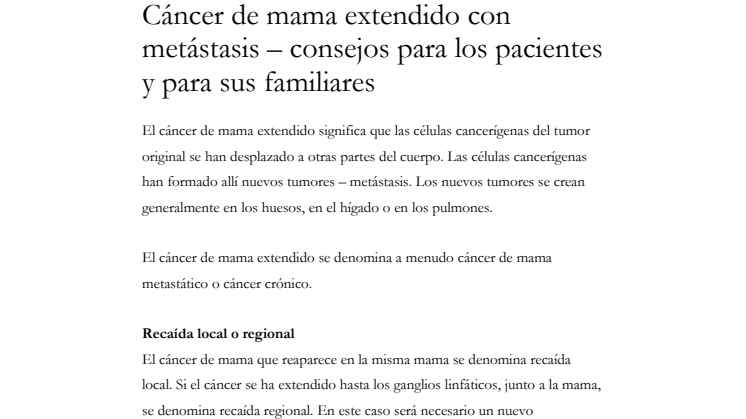 Cáncer de mama extendido con metástasis – consejos para los pacientes y para sus familiares – Fakta om spridd bröstcancer på spanska