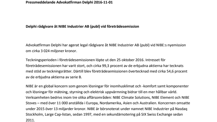 Delphi rådgivare åt NIBE Industrier AB (publ) vid företrädesemission