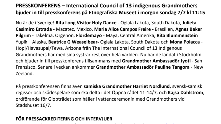 PRESSKONFERENS – International Council of 13 indigenous Grandmothers bjuder in till presskonferens på Etnografiska Museet i morgon söndag 7/7 kl 11:15