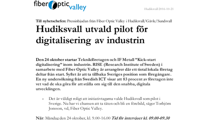 Hudiksvall utvald pilot för digitalisering av industrin