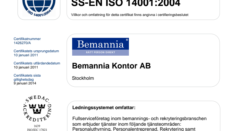 Certifikat ISO 14001:2004 Bemannia Kontor AB