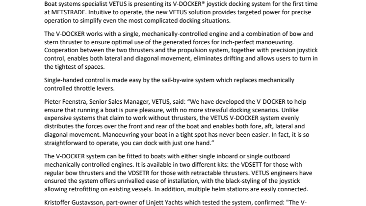 VETUS Introduces V-DOCKER Joystick Docking System