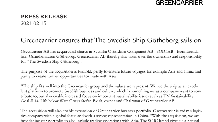 Press release as PDF -Greencarrier ensures that The Swedish Ship Götheborg sails on
