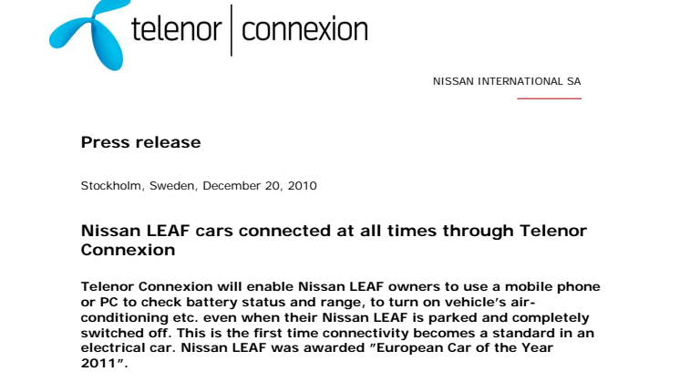 Nissan LEAF cars connected at all times through Telenor Connexion