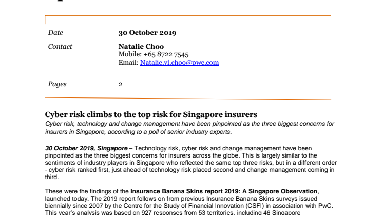 Cyber risk climbs to the top risk for Singapore insurers