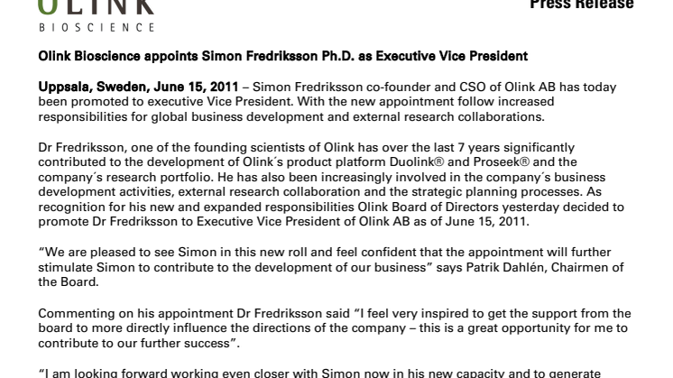 Olink Bioscience appoints Simon Fredriksson Ph.D. as Executive Vice President