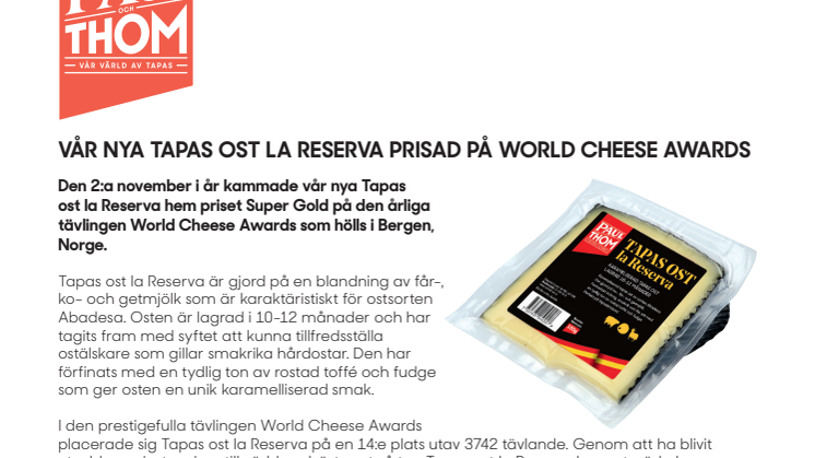 Vår nya Tapas ost La Reserva prisad på World Cheese Awards