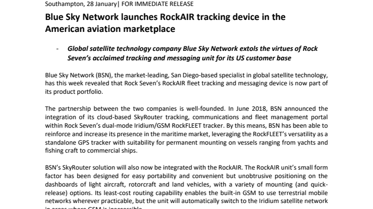 Rock Seven: Blue Sky Network launches RockAIR tracking device in the American aviation marketplace 