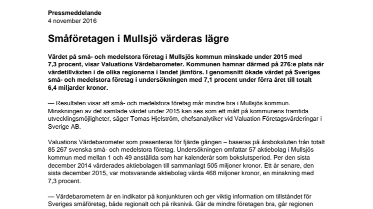 Värdebarometern 2015 Mullsjös kommun