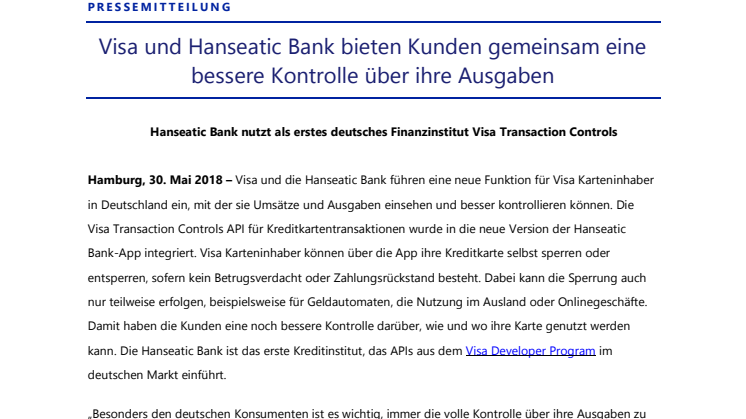 Visa und Hanseatic Bank bieten Kunden gemeinsam eine bessere Kontrolle über ihre Ausgaben
