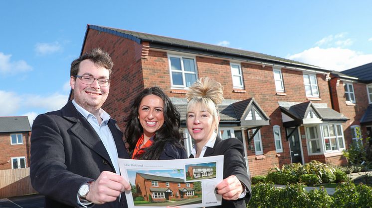 At the Salisbury Fields development in Radcliffe are (from left) Cllr Eamonn O’Brien, Natalie Dahmane of Bellway Homes, and Jackie Summerscales.