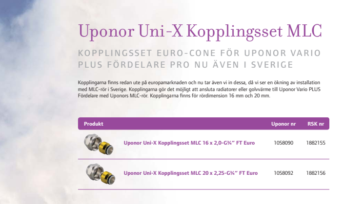 Uponor Uni-X Kopplingsset MLC med Euro-Cone för Uponor Vario PLUS fördelare PRO nu även i Sverige
