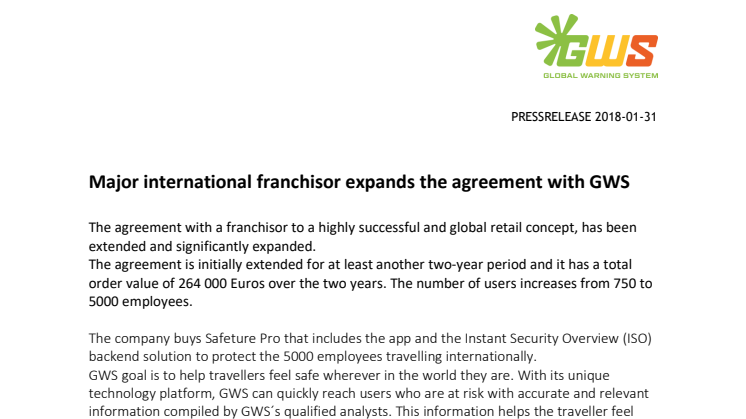 Major international franchisor expands the agreement with GWS