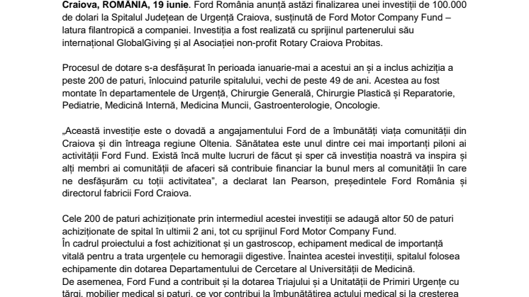 Ford Motor Company Fund a finalizat o investiție de 100.000 de dolari la Spitalul de Urgență Județean Craiova