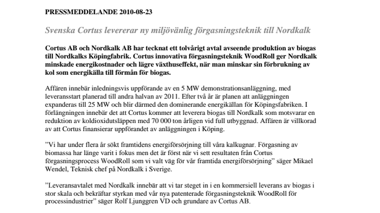 Svenska Cortus levererar ny miljövänlig förgasningsteknik till Nordkalk