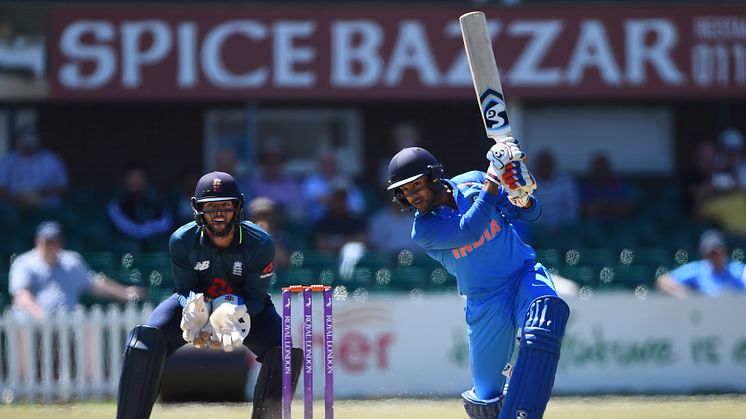 Mayank Agarwal on the way to a century for India A against England Lions in Leicester last week, watched by Surrey and Lions wicketkeeper Ben Foakes. The teams meet again at the Kia Oval on Monday in the A-team Tri-Series final