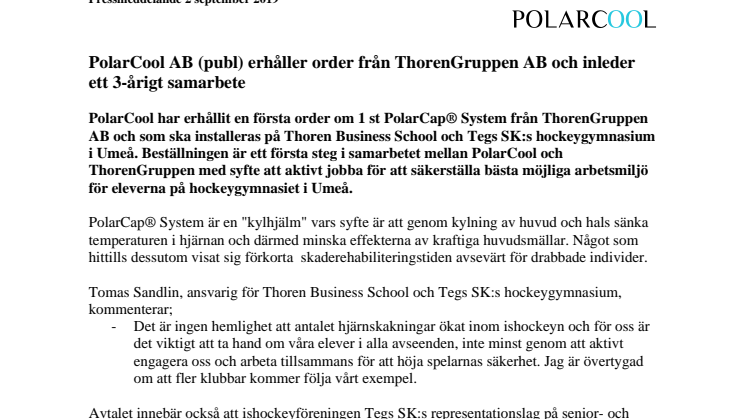 PolarCool AB (publ) erhåller order från ThorenGruppen AB och inleder ett 3-årigt samarbete 