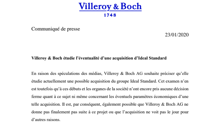 ​Villeroy & Boch étudie l’éventualité d’une acquisition d’Ideal Standard