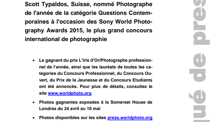 Scott Typaldos, Suisse, nommé Photographe de l'année de la catégorie Questions Contemporaines à l'occasion des Sony World Photography Awards 2015