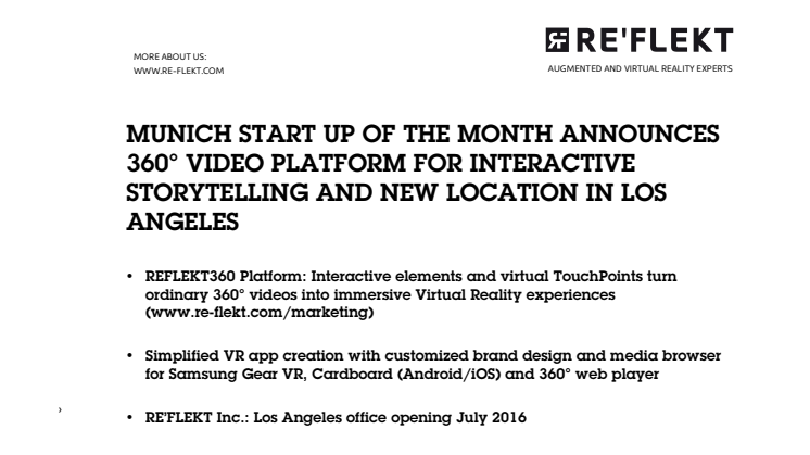 MUNICH START UP OF THE MONTH ANNOUNCES 360° VIDEO PLATFORM FOR INTERACTIVE STORYTELLING AND NEW LOCATION IN LOS ANGELES 