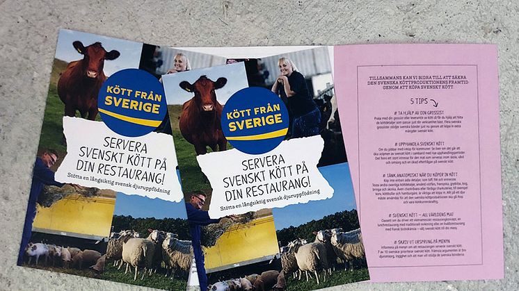 Foldern "Servera svenskt kött på din restaurang! Stötta en långsiktig svensk djuruppfödning" riktar sig till restauranger och kommuner och ger 5 tips om hur vi tillsammans kan bidra till att säkra den svenska köttproduktionens framtid.